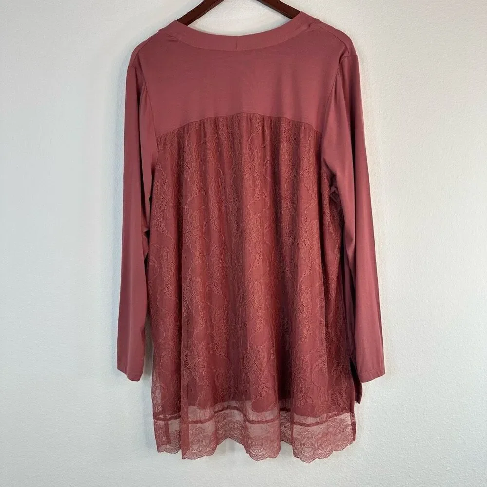 LOGO Lori Goldstein Rose Pink Jersey Cardigan Women’s 1X Mixed‎ Media Lace Back